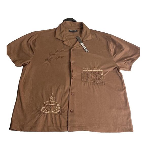 Cafe Aesthetic Embroidered Coffee Shirt Brown Vox Populi Button Up Large - Picture 2 of 10